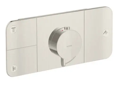 Thermostatmodul in Edelstahl-Optik mit Drehknopf und Symbolen für verschiedene Verbraucher, hergestellt von AXOR.